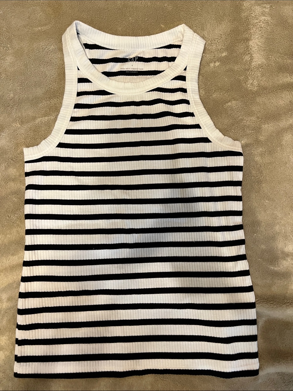 GAP High Neck Black & White Striped Ribbed Tank